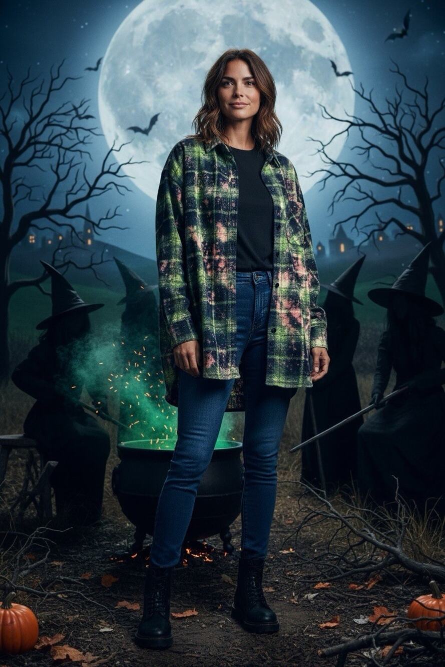 UPCYCLED BP Bleach Neon Green M Flannel Long Sleeve Halloween Wicked Witch